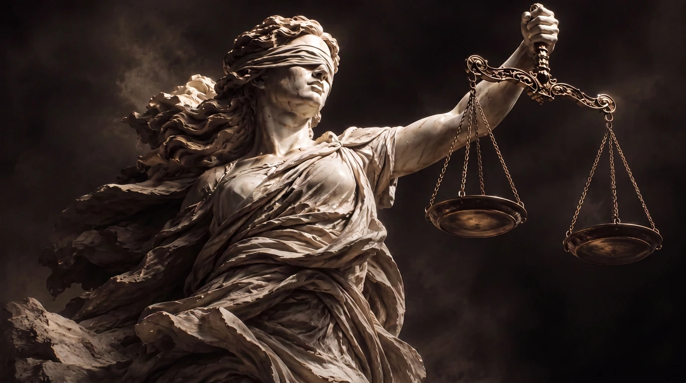 A blindfolded statue of Justice holding a set of scales, dramatically lit