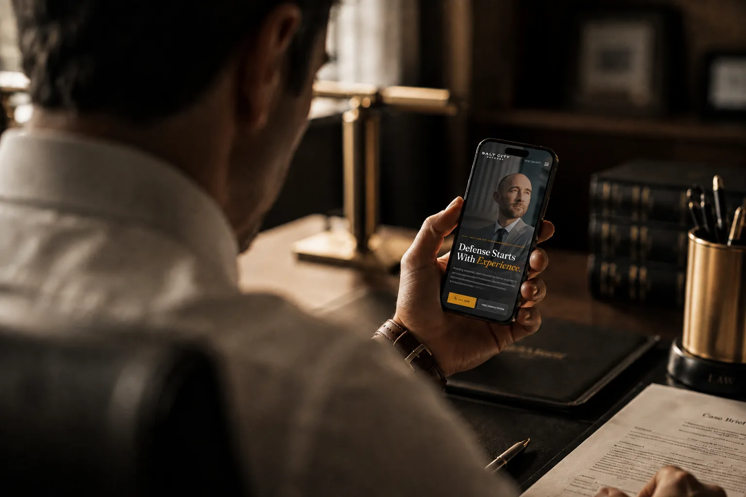 Cliff Venable reviewing the rebuilt Salt City Defense homepage on his phone