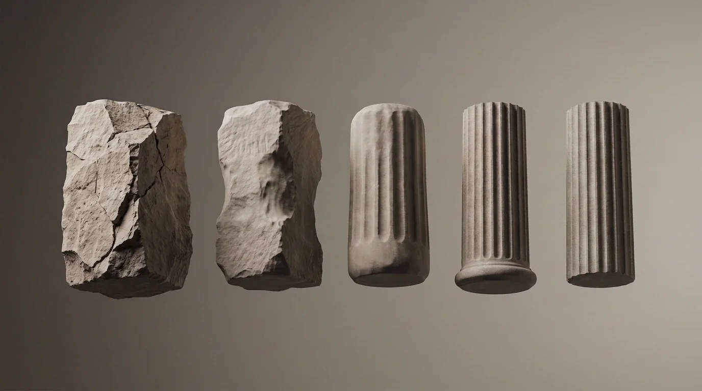 A sequence of stone forms, from raw quarried block to a fully fluted column, side by side